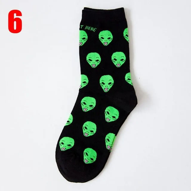 1Pair Fashion Unisex Cartoon Cat Art Funny Alien Planet Comfortable Autumn Winter Creative Warm Cotton Halloween Party Socks