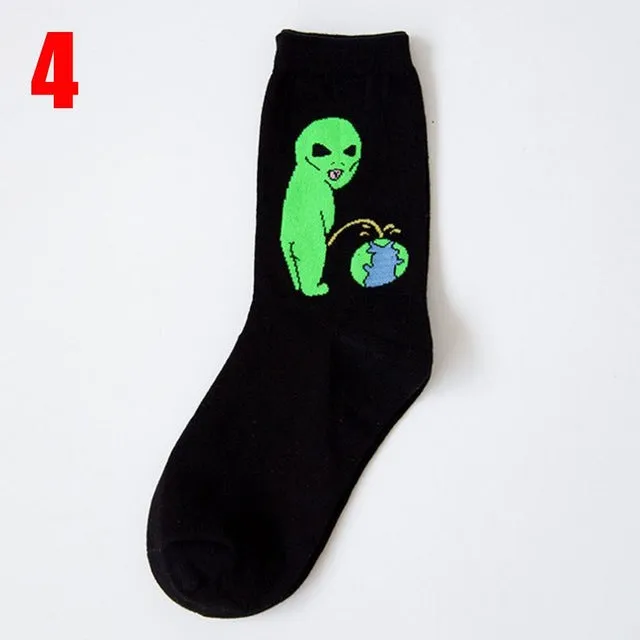 1Pair Fashion Unisex Cartoon Cat Art Funny Alien Planet Comfortable Autumn Winter Creative Warm Cotton Halloween Party Socks