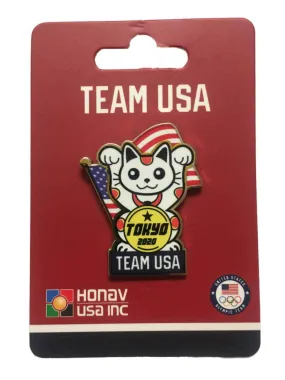 2020 Summer Olympics Tokyo Japan "Team USA" Lucky Cat American Flag Lapel Pin