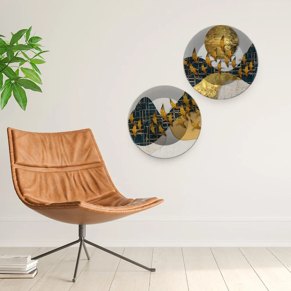 Abstract Golden Birds Flying Luxurious Art Wall Hanging Plates of Two Pieces