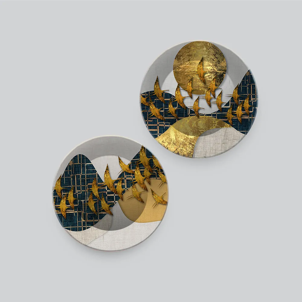 Abstract Golden Birds Flying Luxurious Art Wall Hanging Plates of Two Pieces