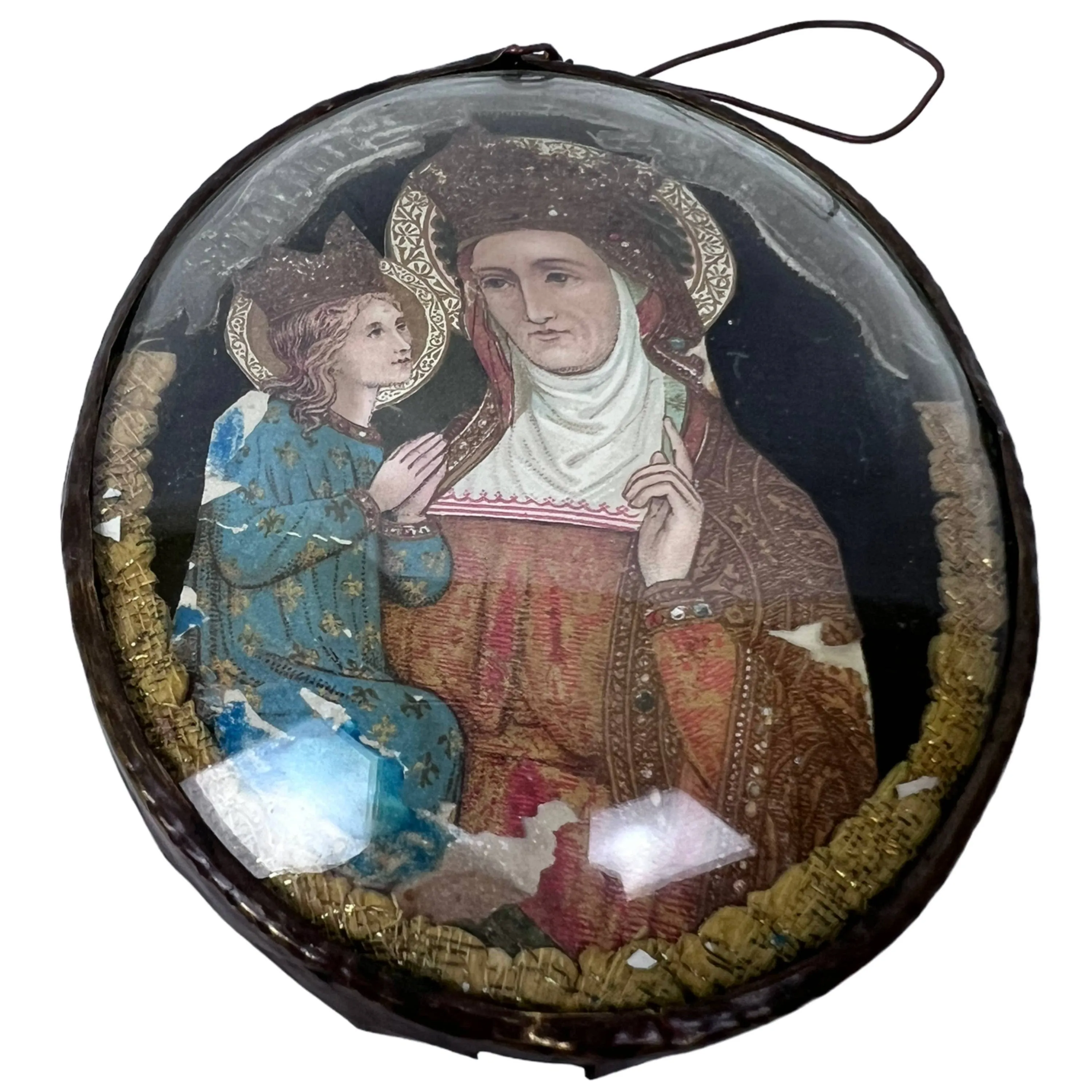 Antique Catholic Souvenir Ste Anne de Beaupre Convex Bubble Glass Frame