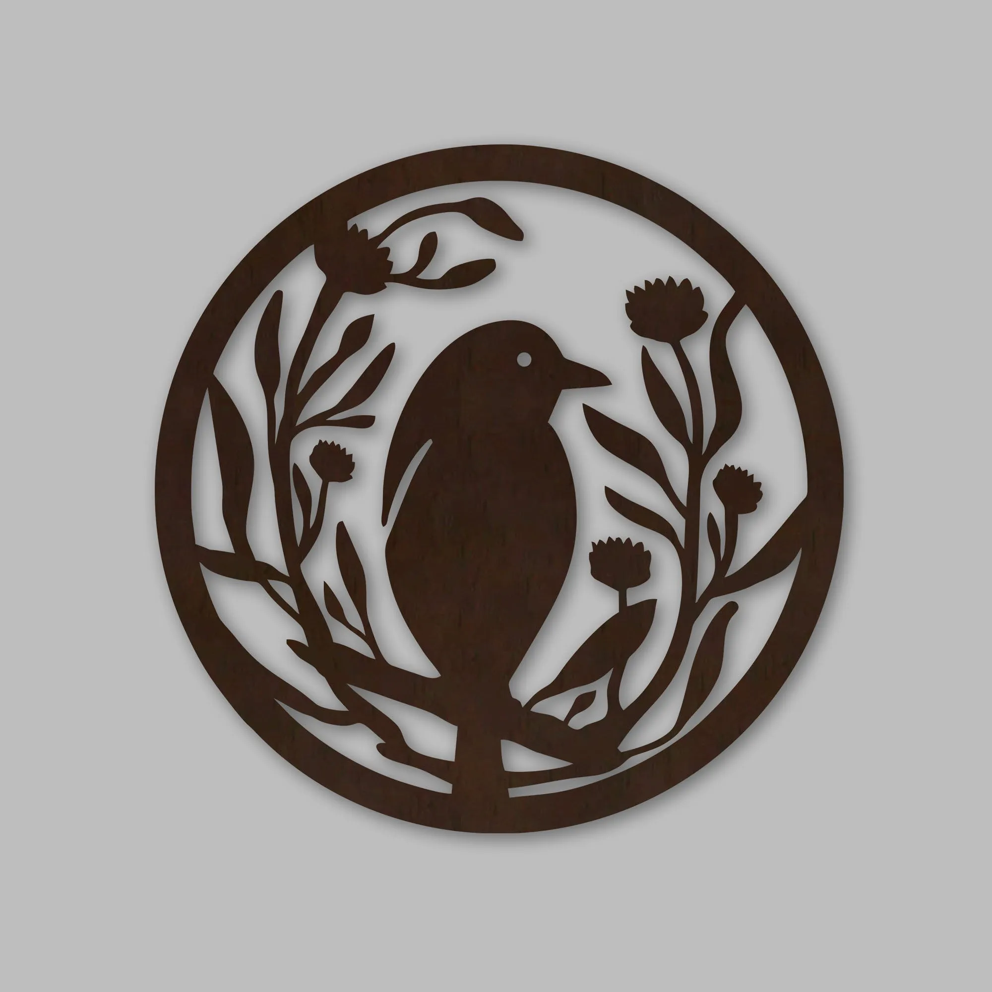 Beautiful Bird with Flower Round Backlit Wooden Wall Hanging with LED Night Light Walnut Finish