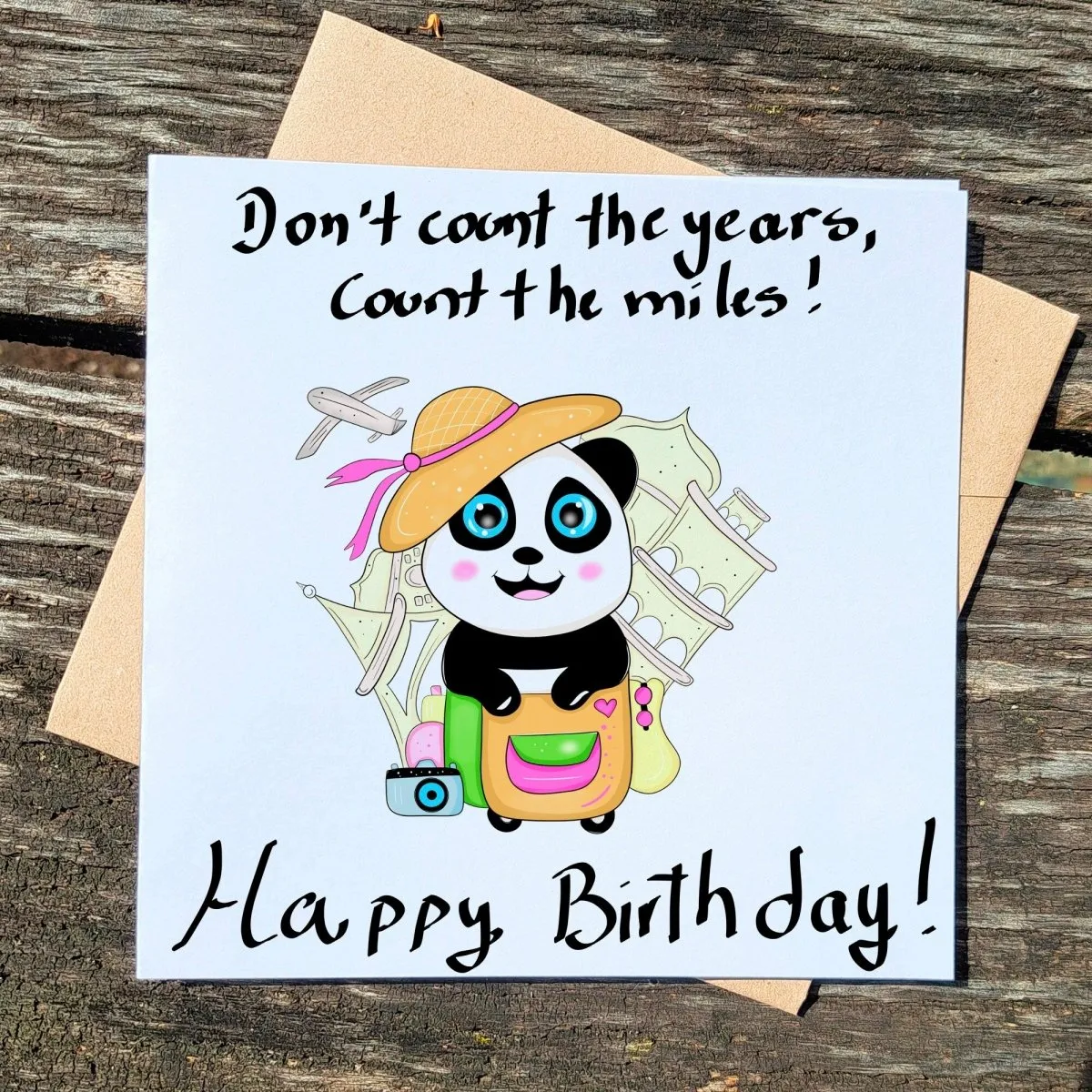 Don’t Count the Years, Count the Miles – Panda Travel Birthday Card, Adventure Lovers Greeting