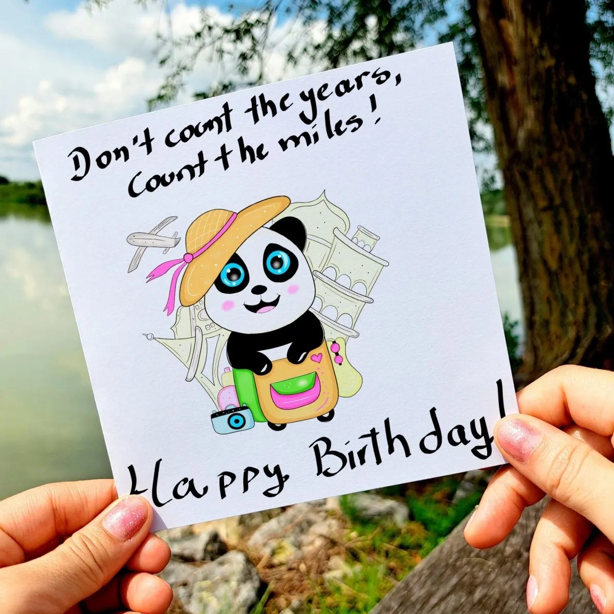 Don’t Count the Years, Count the Miles – Panda Travel Birthday Card, Adventure Lovers Greeting