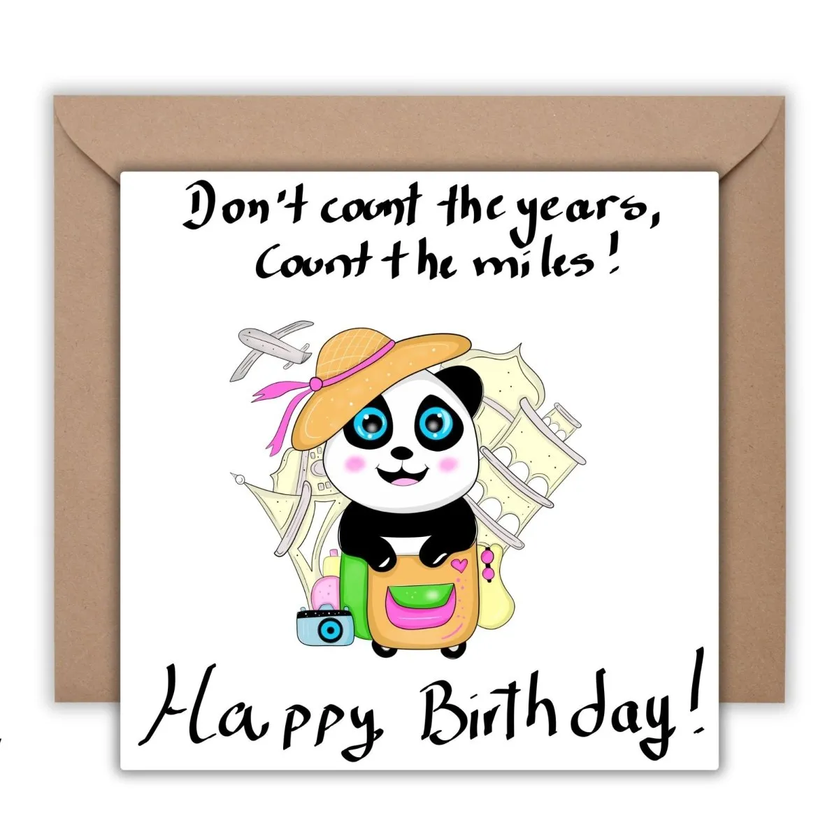 Don’t Count the Years, Count the Miles – Panda Travel Birthday Card, Adventure Lovers Greeting