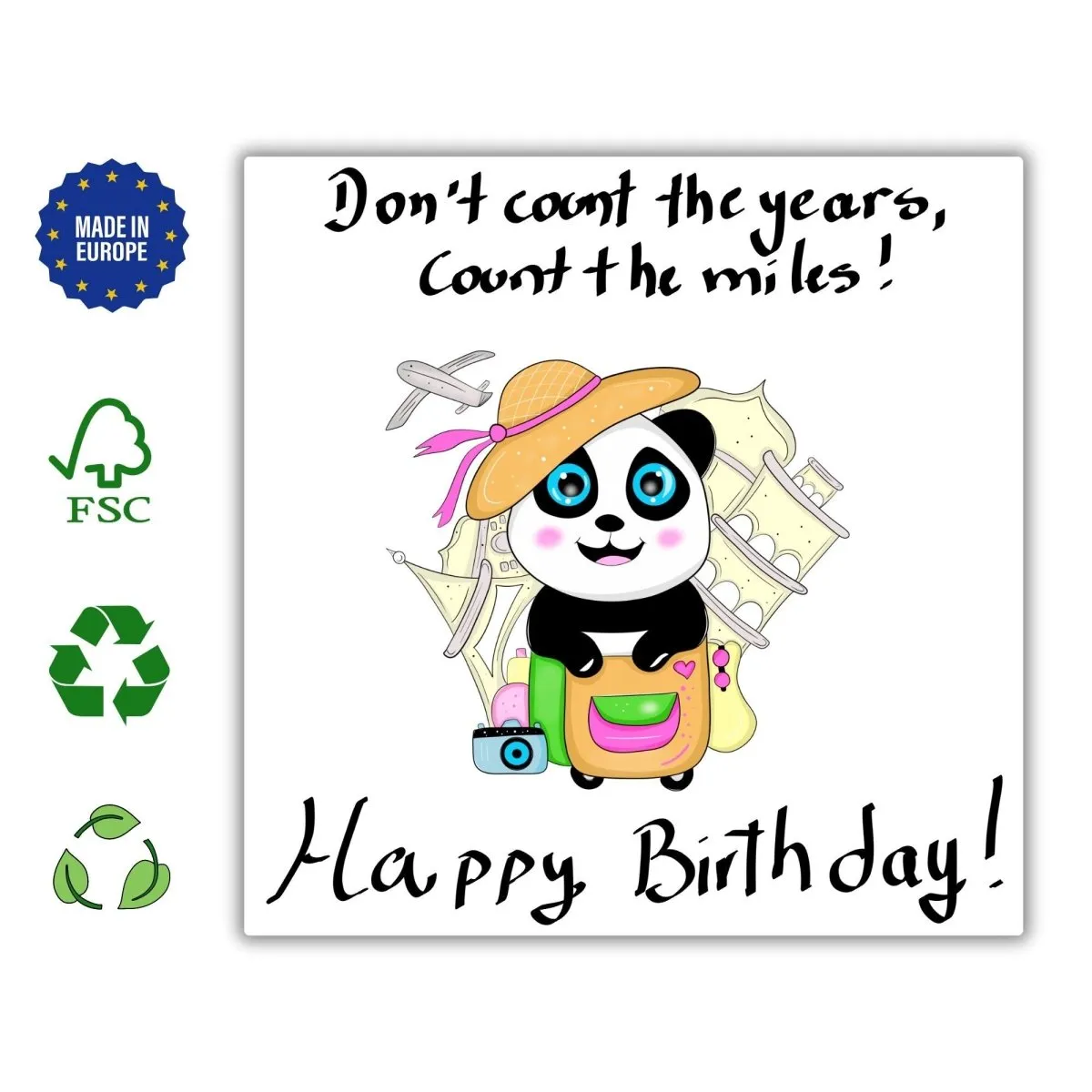 Don’t Count the Years, Count the Miles – Panda Travel Birthday Card, Adventure Lovers Greeting