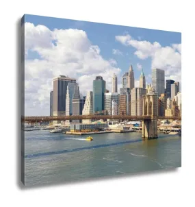 Gallery Wrapped Canvas, Manhattan Skyline With Brooklyn Bridge At Sunny Day