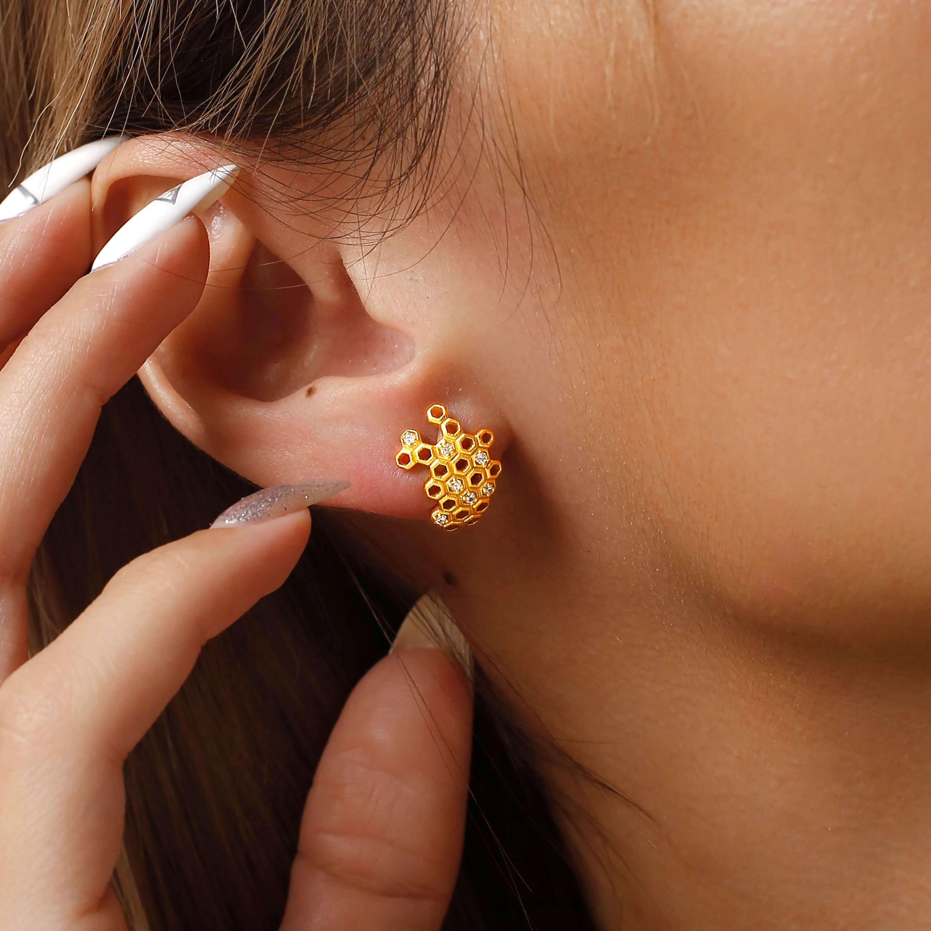 Gold Honeycomb With Honey Earrings LifeWithMaK’s Honeycomb Bee Kind Jewelry Collection