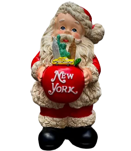 New York Santa Table Piece Holding Apple, Taxi, Statue of Liberty, Empire State and Chrysler Building