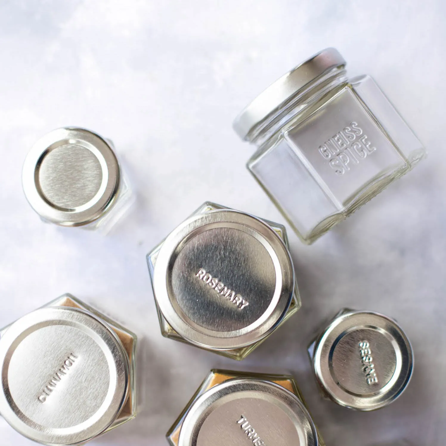 Personalized: 12 Empty Magnetic Spice Jars with Custom Stamped Lids