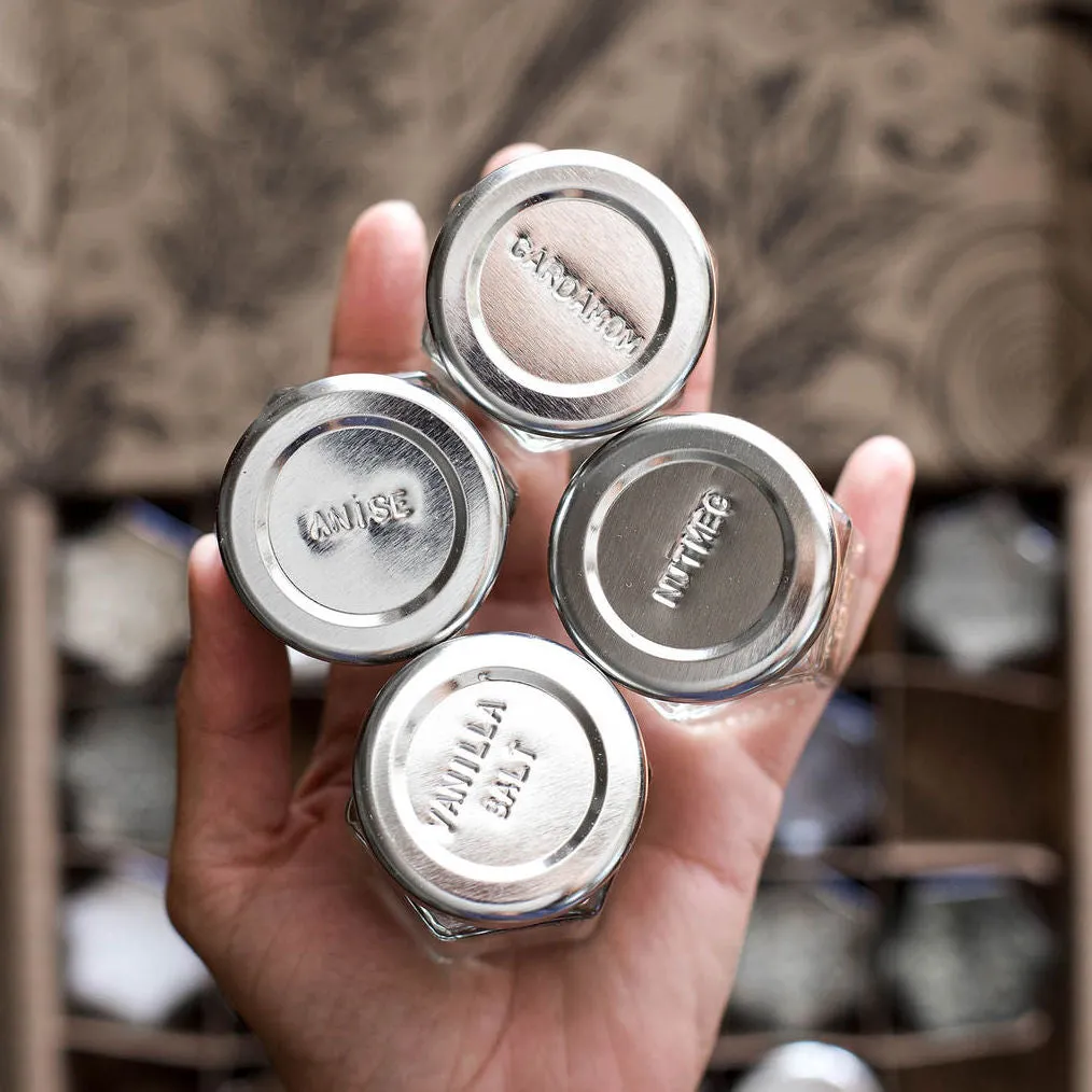 Personalized: 24 Empty Magnetic Spice Jars with Custom Stamped Lids