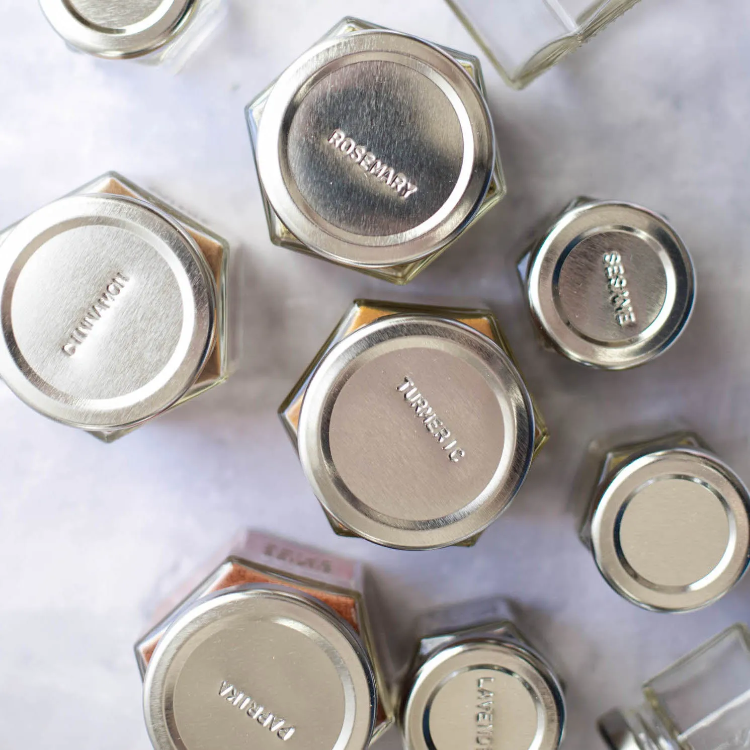 Personalized: 24 Empty Magnetic Spice Jars with Custom Stamped Lids