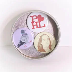 Philadelphia magnet set, Philly pigeon magnet, Ben Franklin magnet for refrigerator